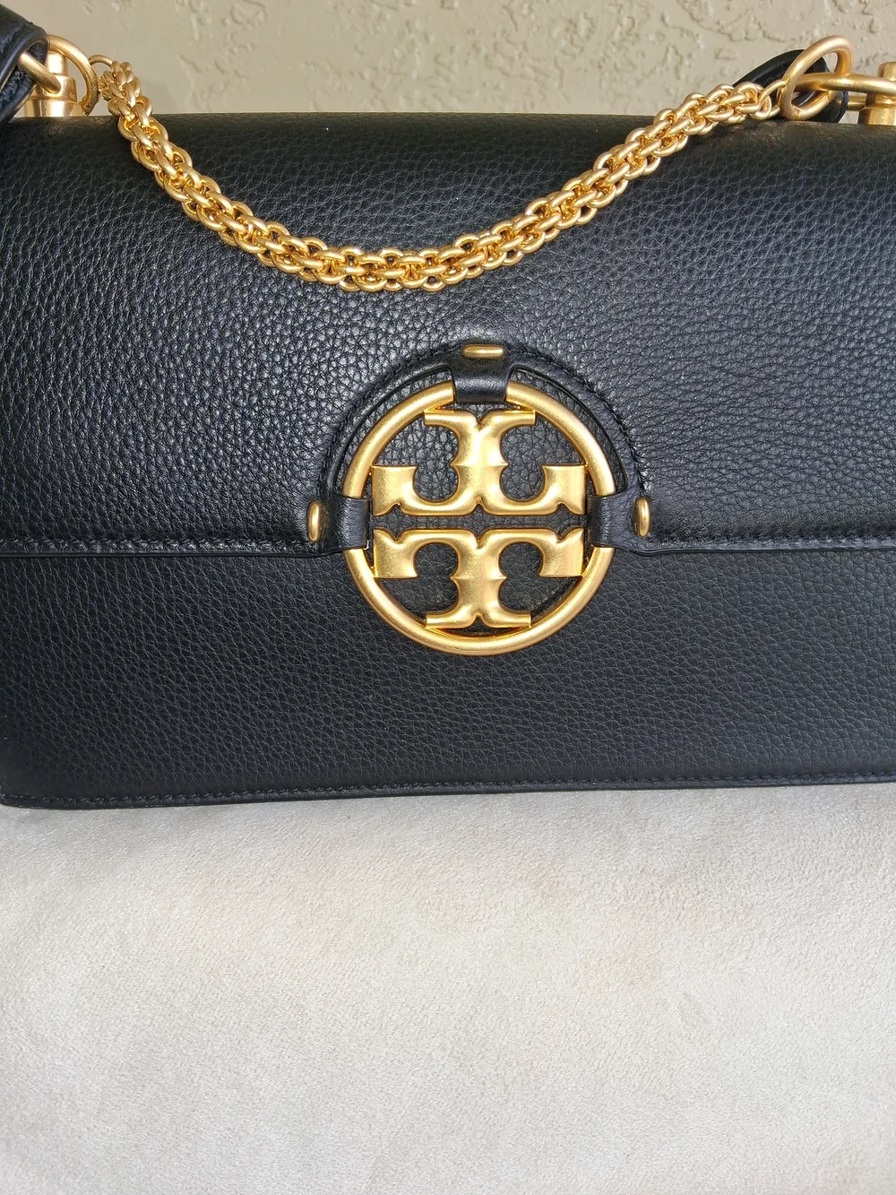 Tory Burch Black Pebbled Leather Shoulder Bag with Gold Hardware